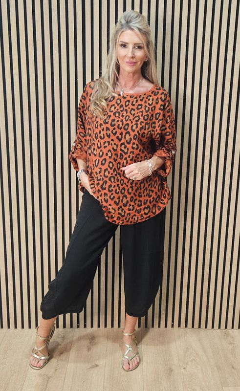 Leopard Print Roll Sleeve Top – Rust