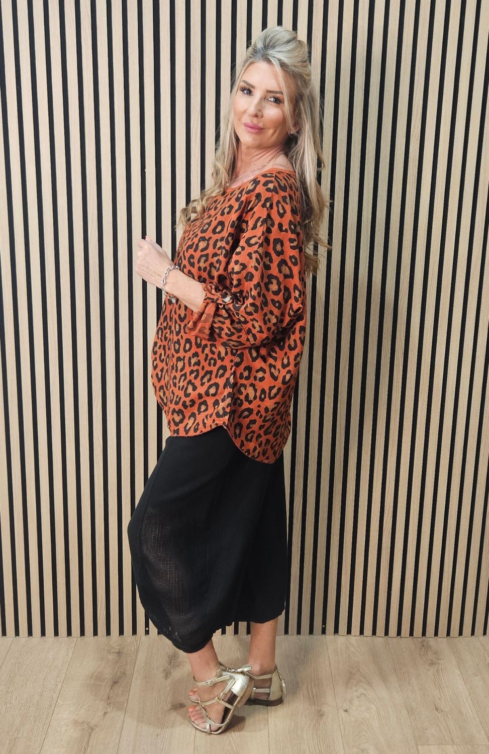 Leopard Print Roll Sleeve Top – Rust