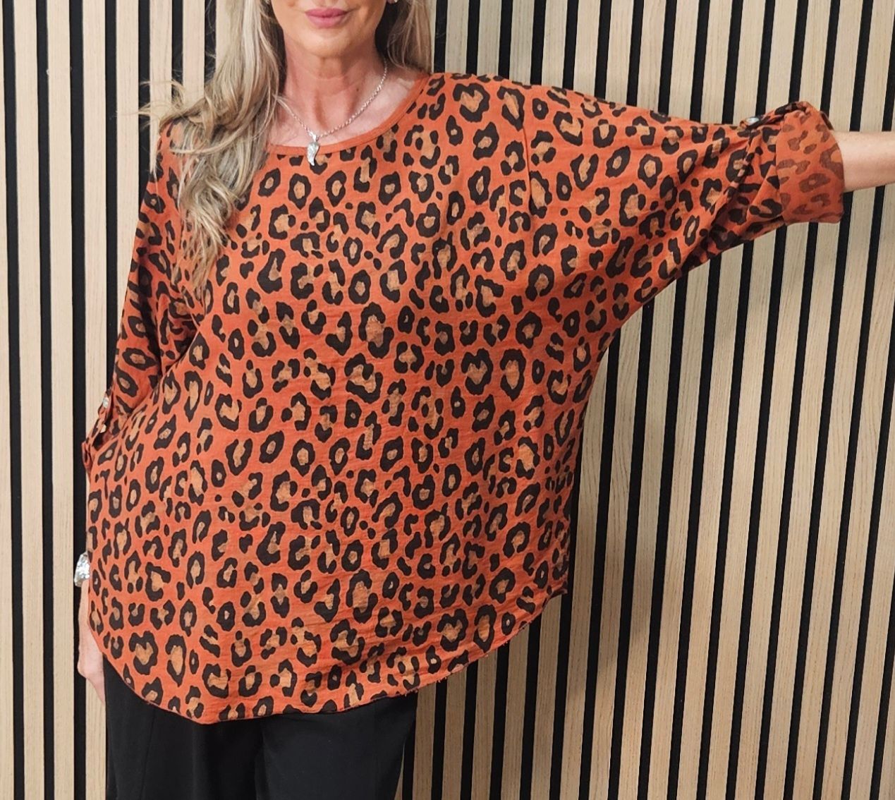 Leopard Print Roll Sleeve Top – Rust