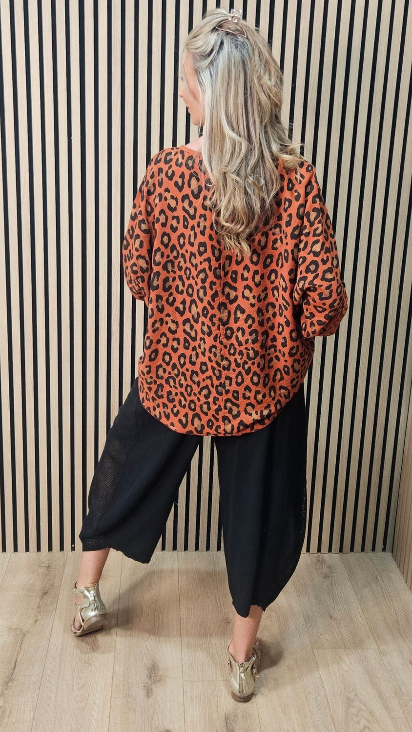 Leopard Print Roll Sleeve Top – Rust