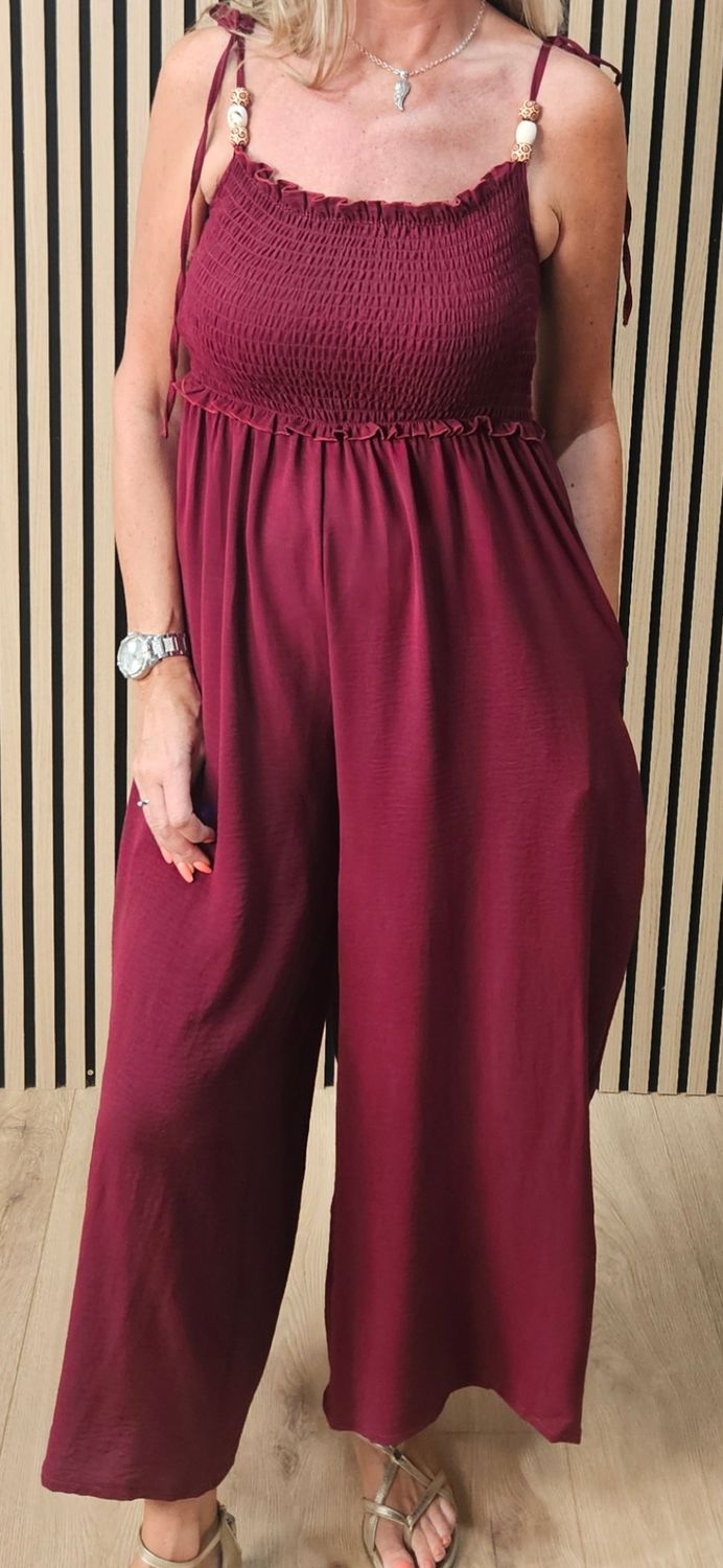 Shirred Tie Strap Wide Leg Jumpsuit – Oxblood