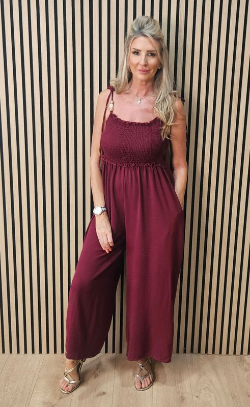 Shirred Tie Strap Wide Leg Jumpsuit – Oxblood Shirred Tie Strap Wide Leg Jumpsuit – Oxblood