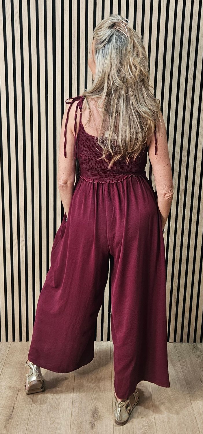 Shirred Tie Strap Wide Leg Jumpsuit – Oxblood