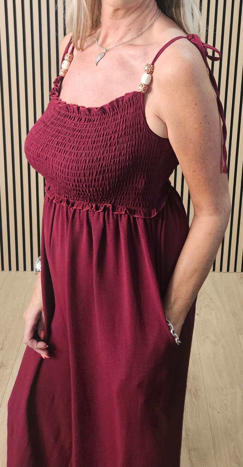Shirred Tie Strap Wide Leg Jumpsuit – Oxblood