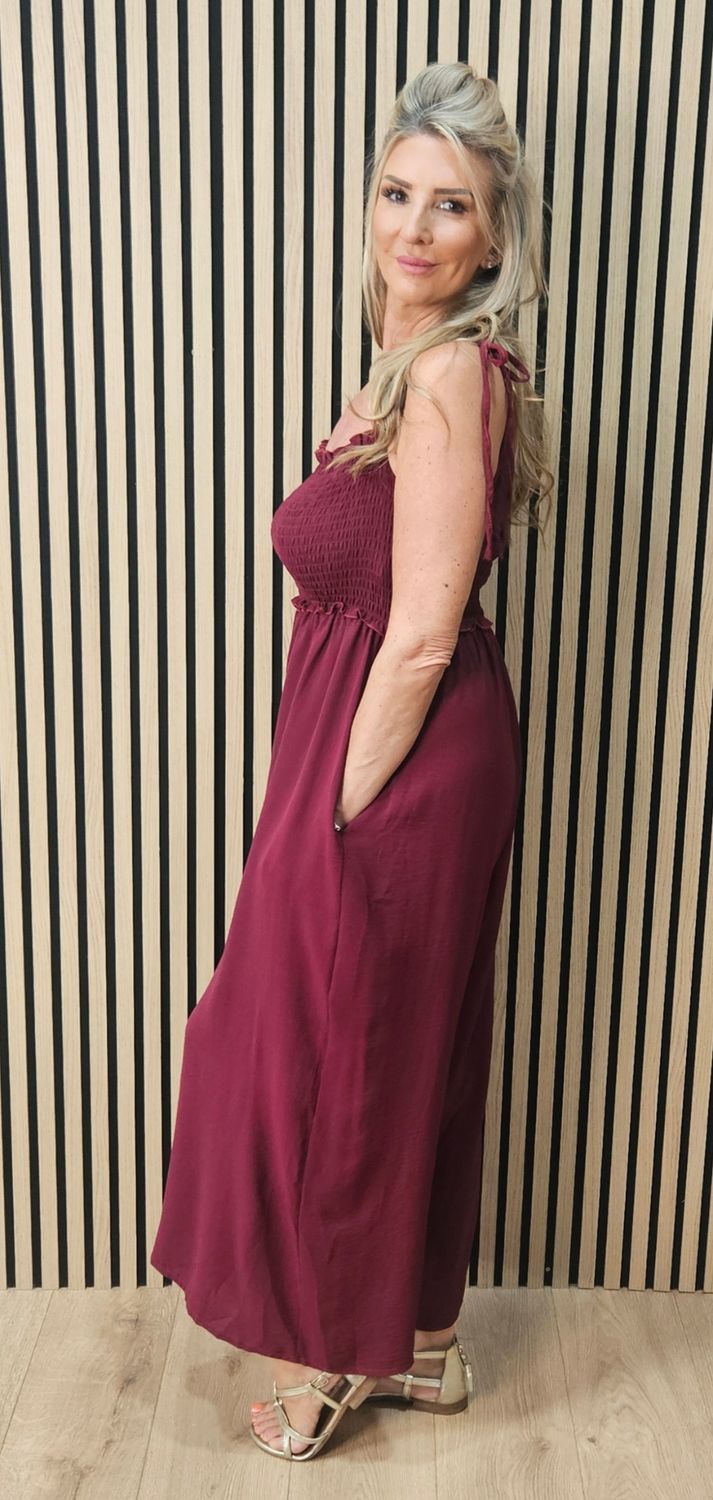 Shirred Tie Strap Wide Leg Jumpsuit – Oxblood