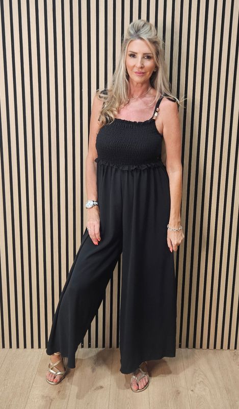 Shirred Tie Strap Wide Leg Jumpsuit – Black Shirred Tie Strap Wide Leg Jumpsuit – Black