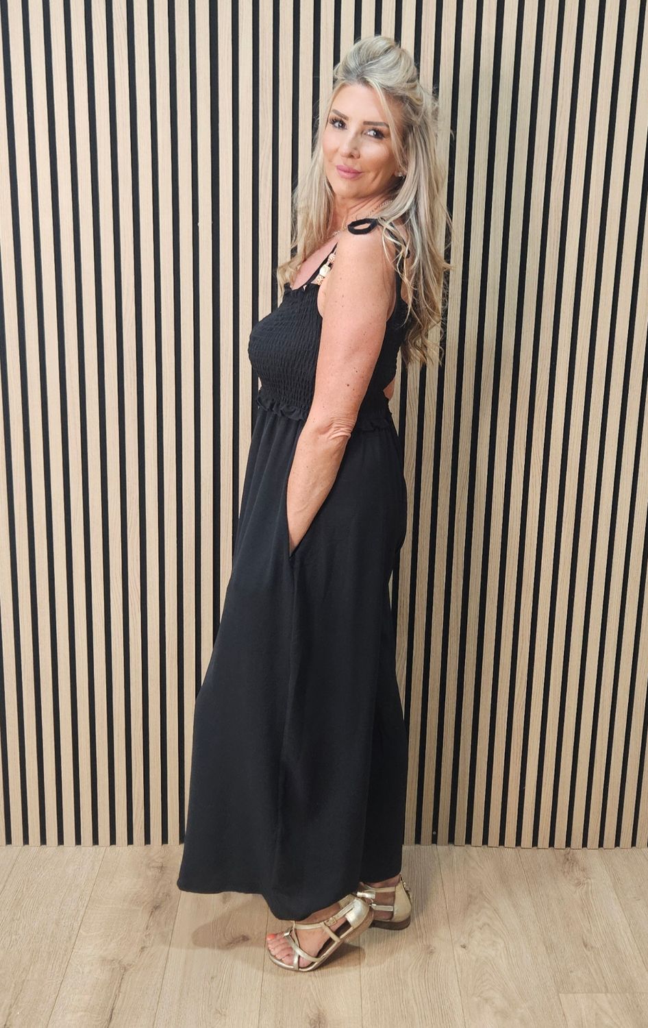 Shirred Tie Strap Wide Leg Jumpsuit – Black
