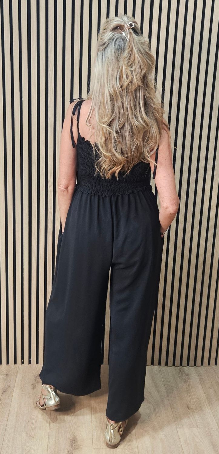 Shirred Tie Strap Wide Leg Jumpsuit – Black