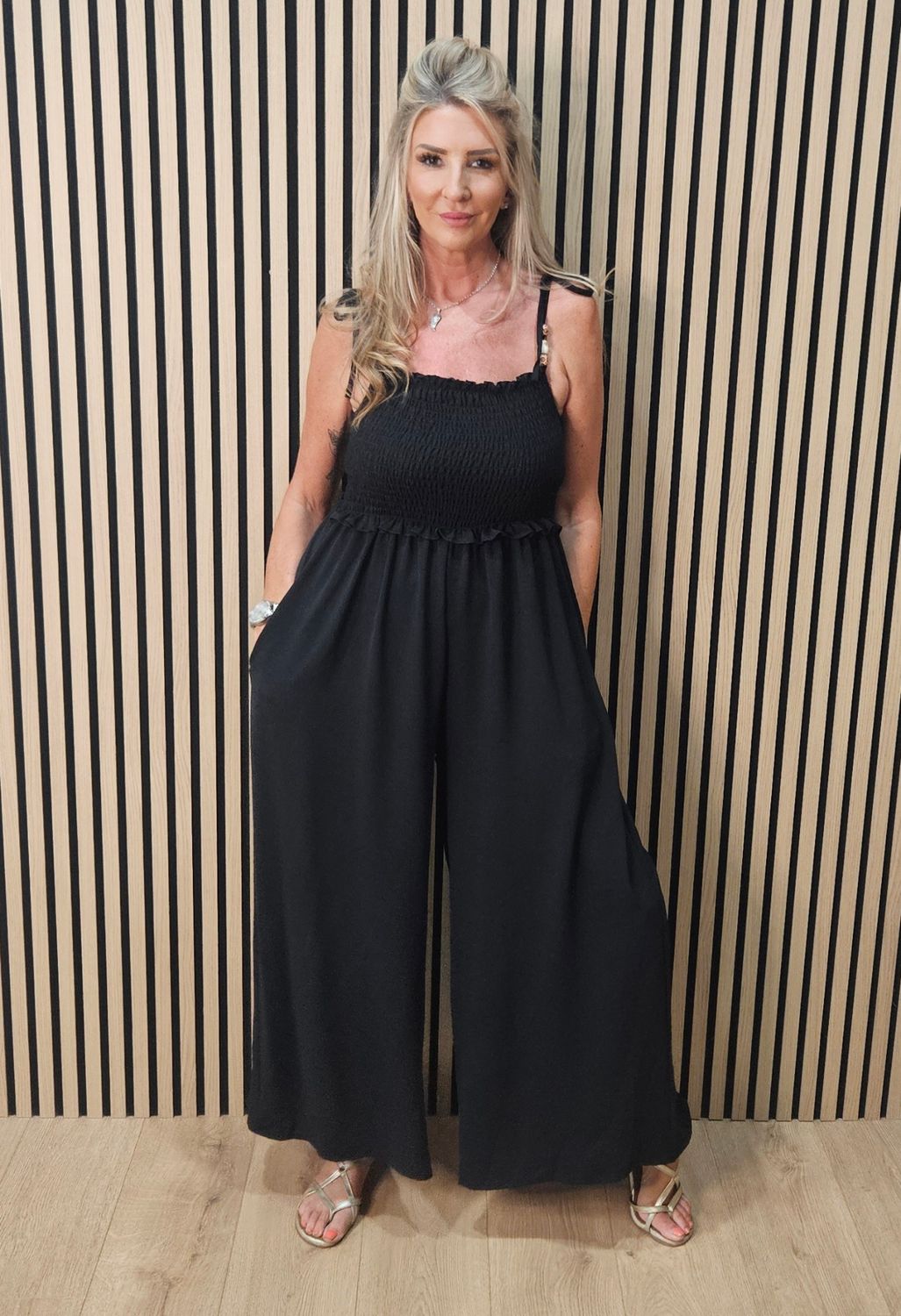 Shirred Tie Strap Wide Leg Jumpsuit – Black