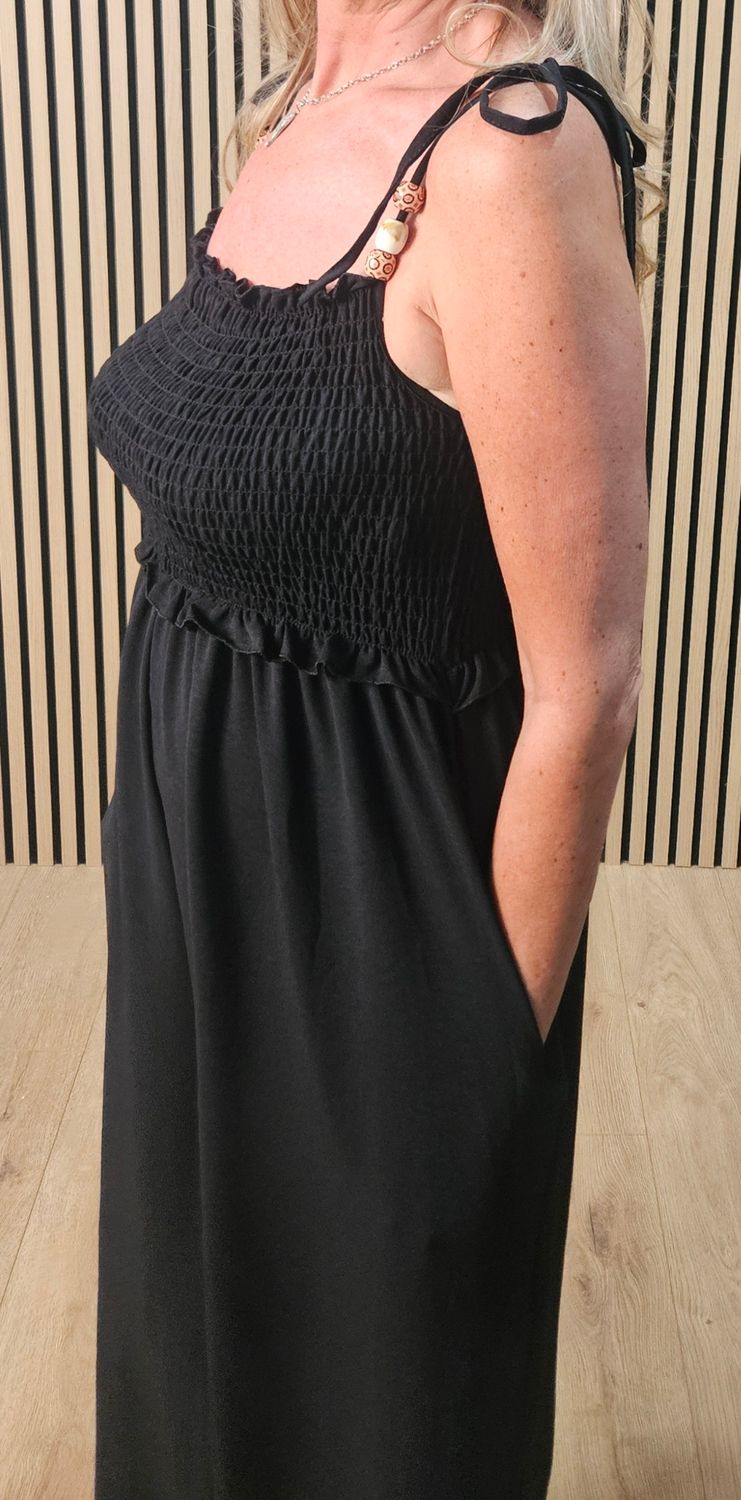 Shirred Tie Strap Wide Leg Jumpsuit – Black
