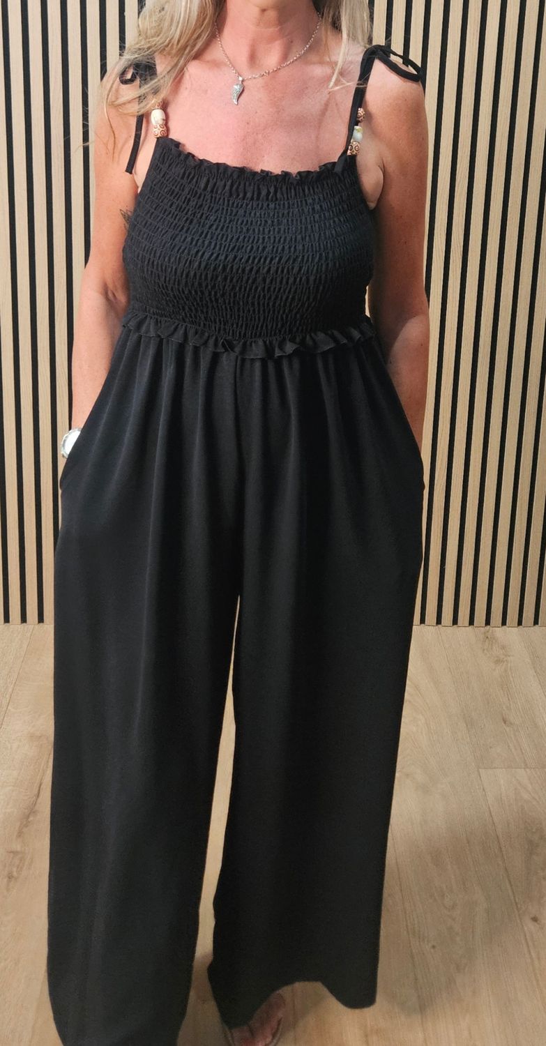 Shirred Tie Strap Wide Leg Jumpsuit – Black