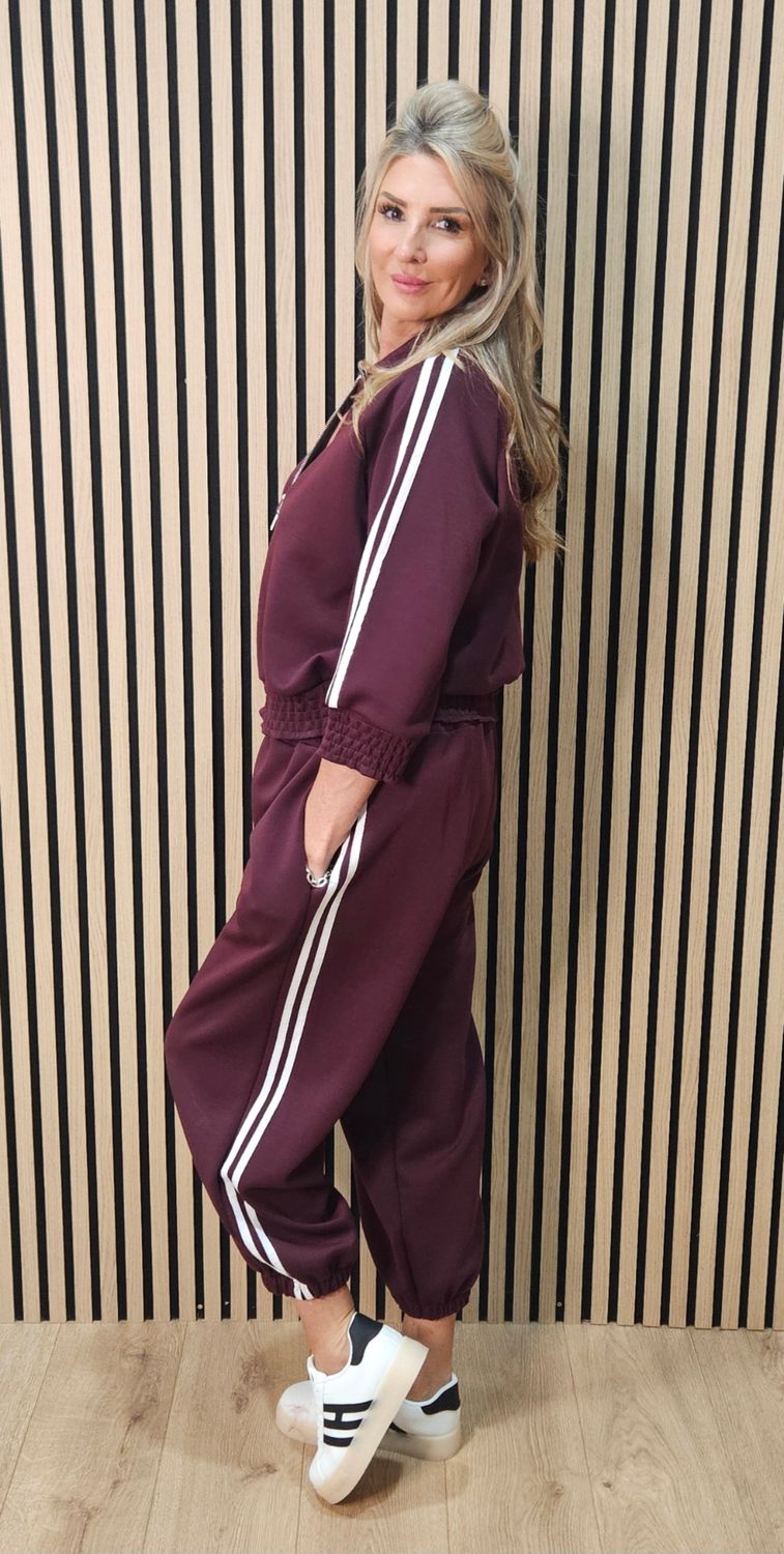 Zip Front Stripe Tracksuit – Oxblood