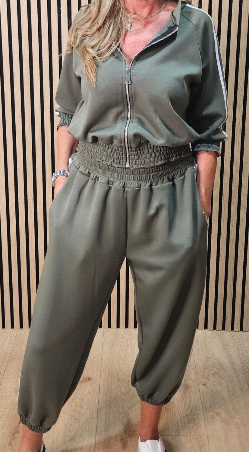 Zip Front Stripe Tracksuit – Khaki