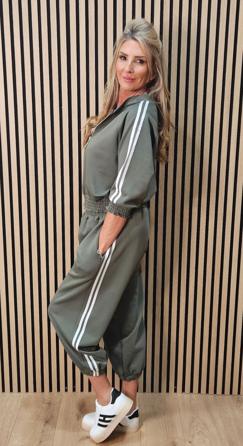 Zip Front Stripe Tracksuit – Khaki