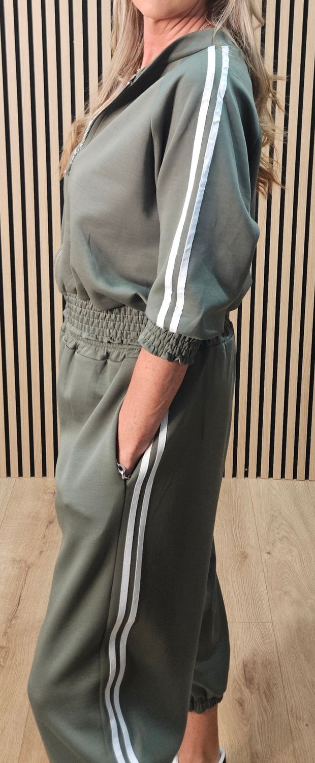 Zip Front Stripe Tracksuit – Khaki