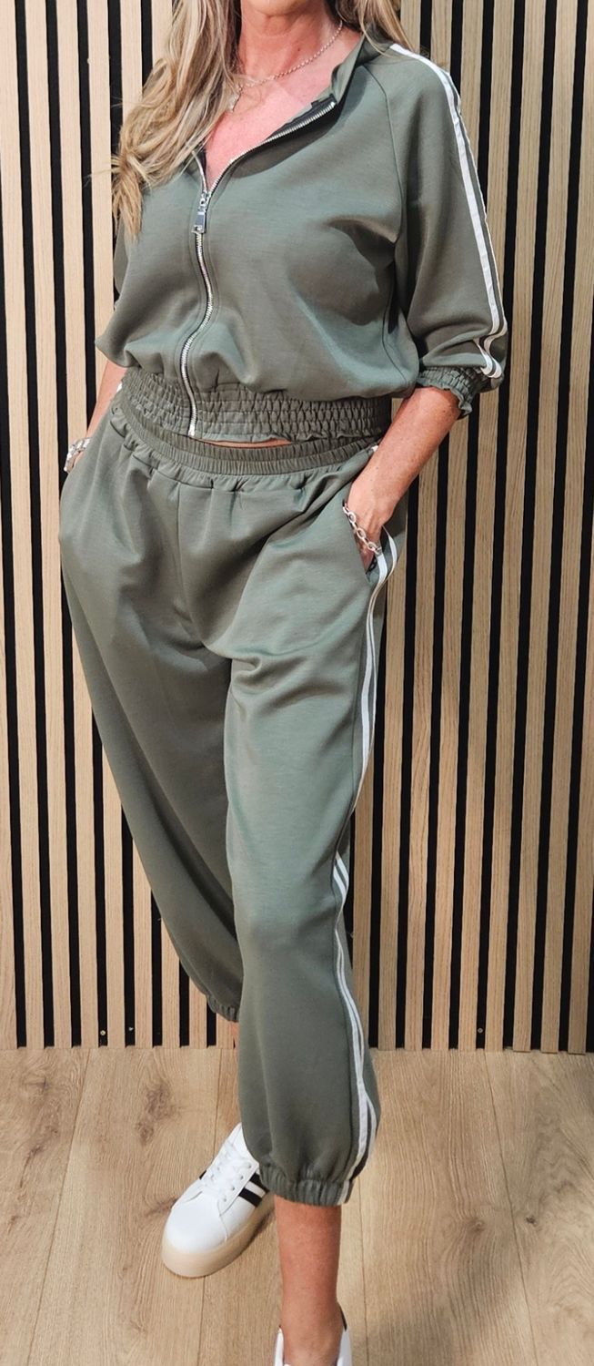 Zip Front Stripe Tracksuit – Khaki