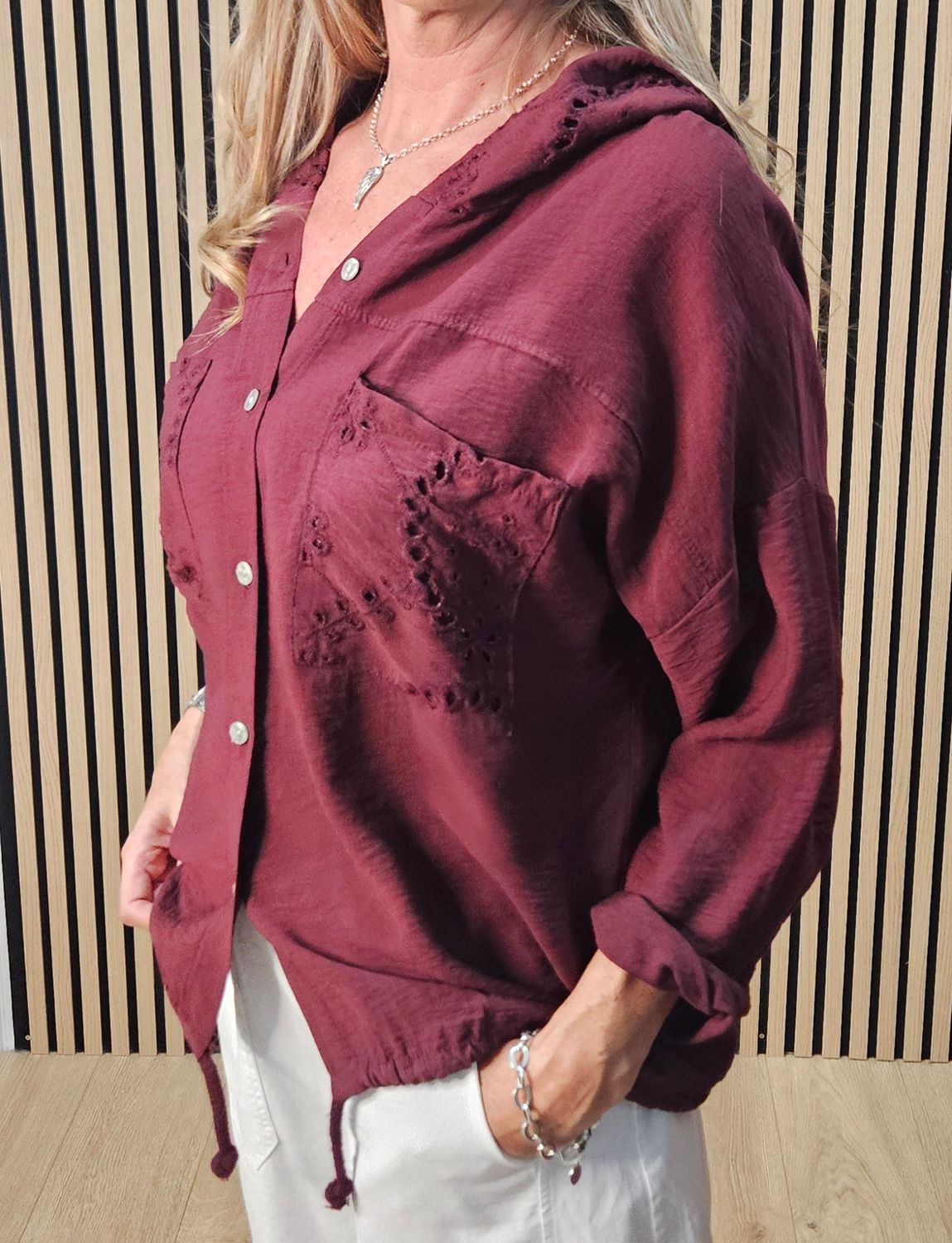 Broderie Hooded Shirt – Oxblood