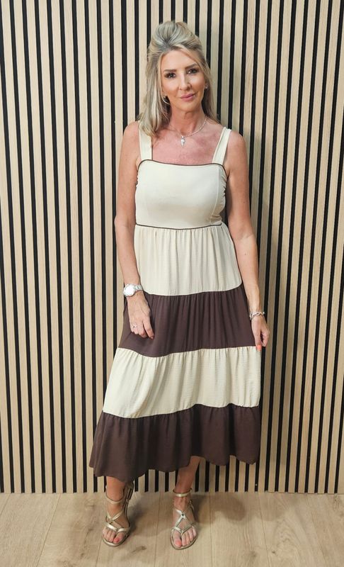 Colour Block Tiered Midi Dress – Chocolate/Cream