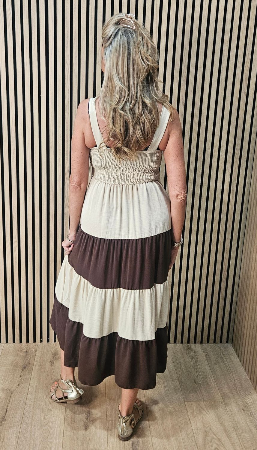 Colour Block Tiered Midi Dress – Chocolate/Cream