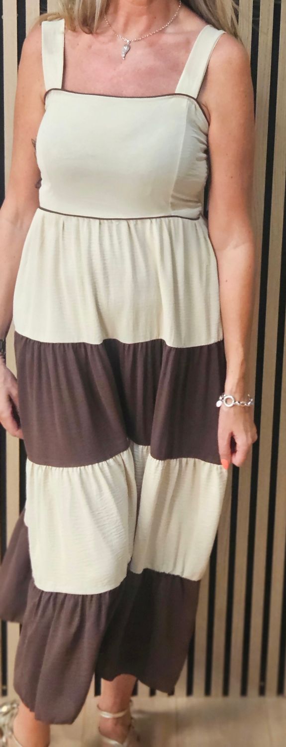 Colour Block Tiered Midi Dress – Chocolate/Cream
