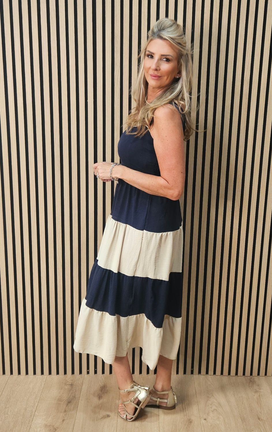 Colour Block Tiered Midi Dress – Navy