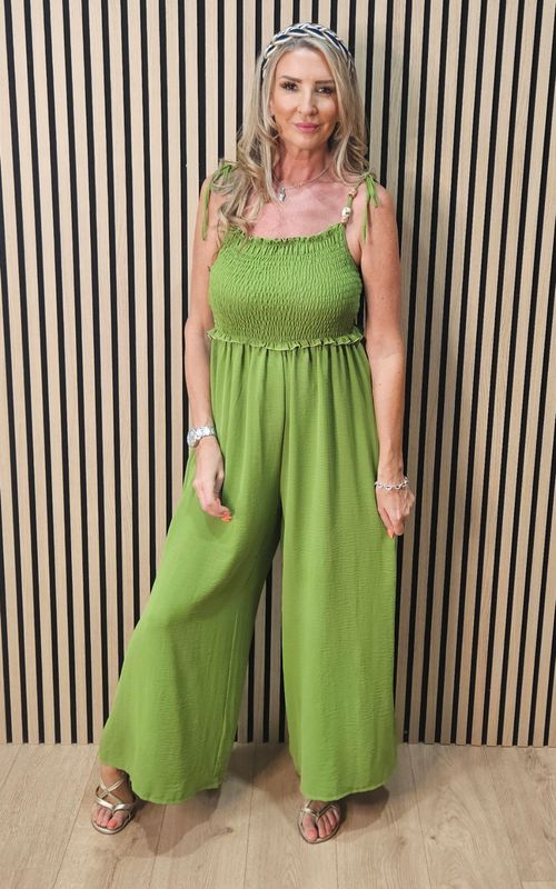 Shirred Tie Strap Wide Leg Jumpsuit - Lime Shirred Tie Strap Wide Leg Jumpsuit - Lime