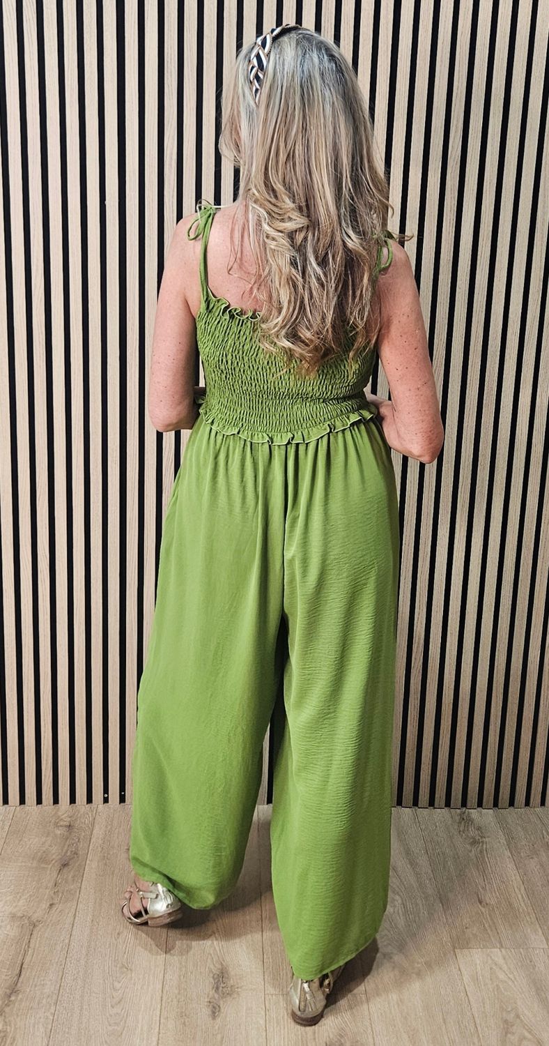 Shirred Tie Strap Wide Leg Jumpsuit - Lime
