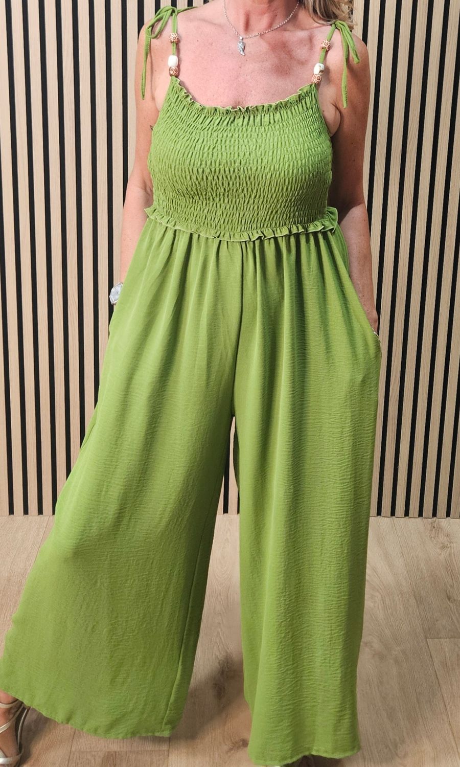 Shirred Tie Strap Wide Leg Jumpsuit - Lime