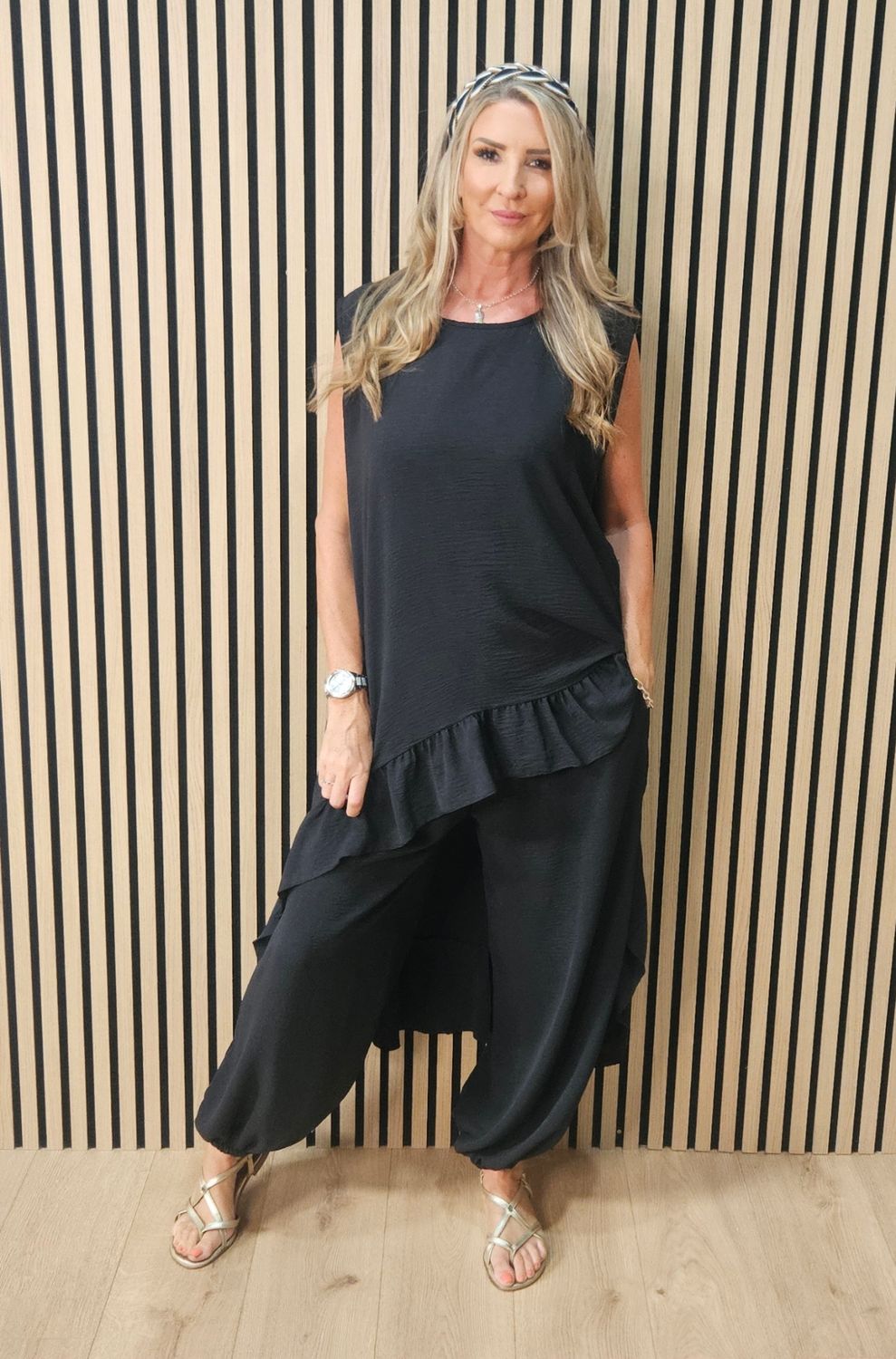 Charlie Frill Tunic &amp; Harem Trouser Co-Ord Set – Black