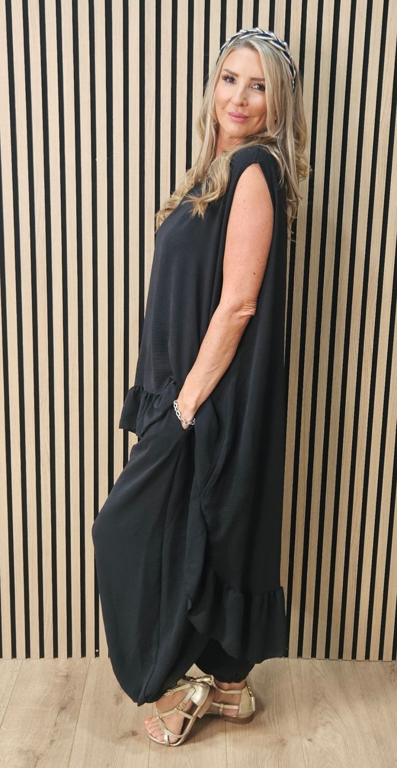 Charlie Frill Tunic &amp; Harem Trouser Co-Ord Set – Black