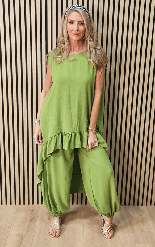 Charlie Frill Tunic &amp; Harem Trouser Co-Ord Set - Lime
