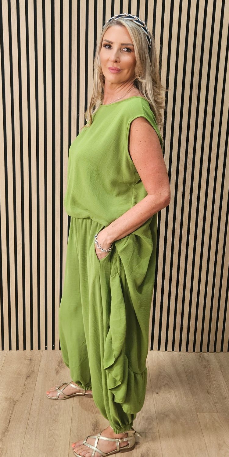 Charlie Frill Tunic &amp; Harem Trouser Co-Ord Set - Lime