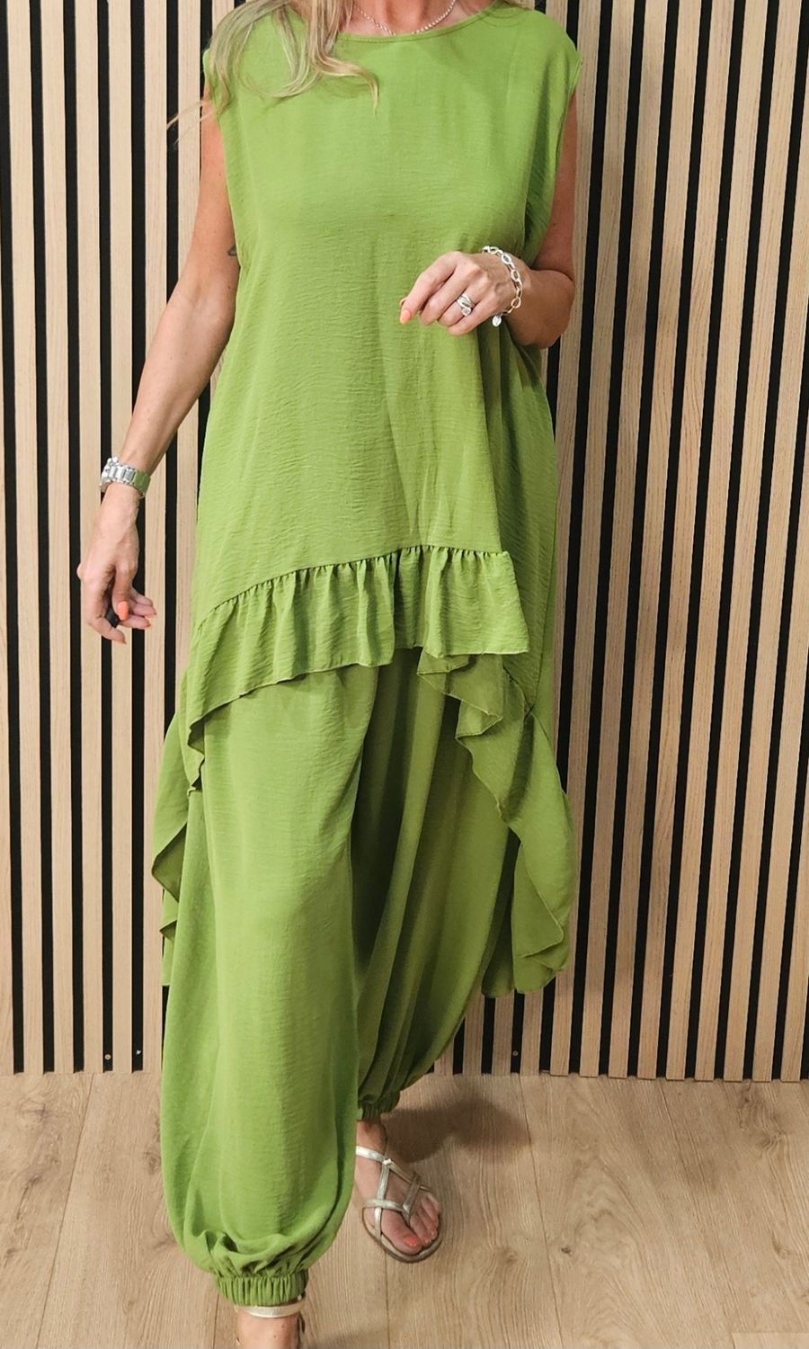 Charlie Frill Tunic &amp; Harem Trouser Co-Ord Set - Lime