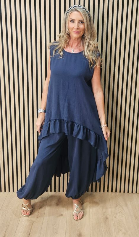 Charlie Frill Tunic &amp; Harem Trouser Co-Ord Set - Navy