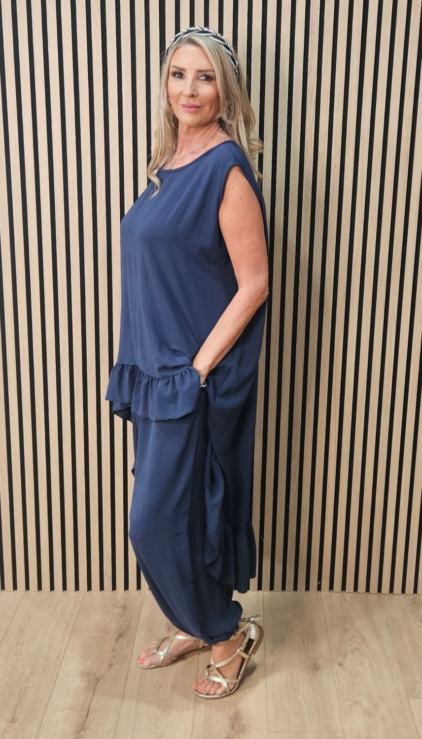 Charlie Frill Tunic &amp; Harem Trouser Co-Ord Set - Navy