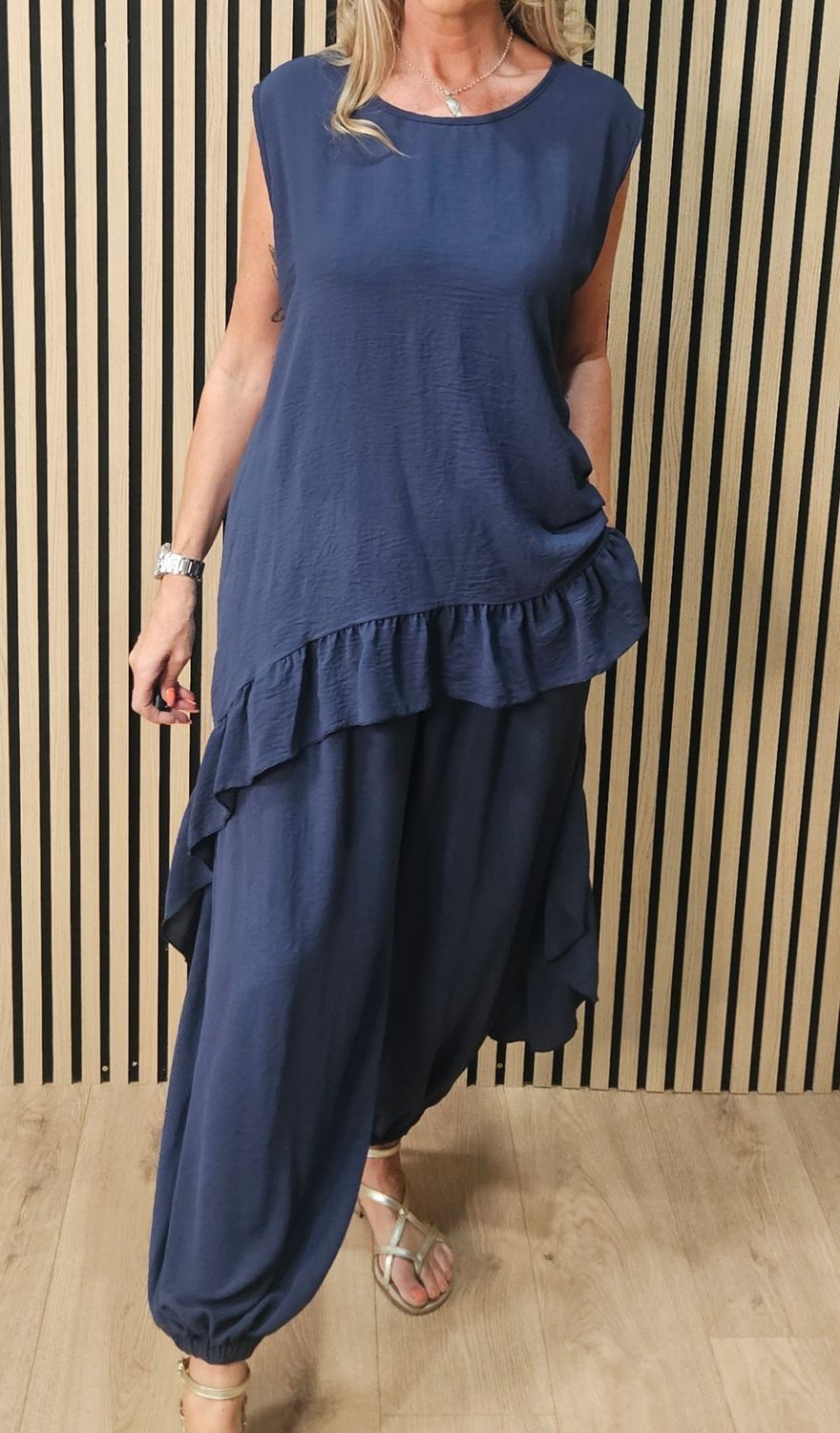 Charlie Frill Tunic &amp; Harem Trouser Co-Ord Set - Navy
