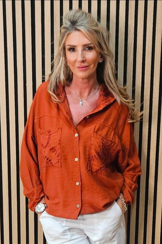 Broderie Hooded Shirt – Rust