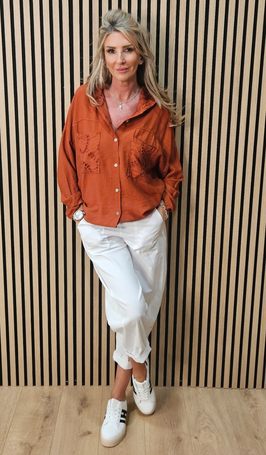 Broderie Hooded Shirt – Rust