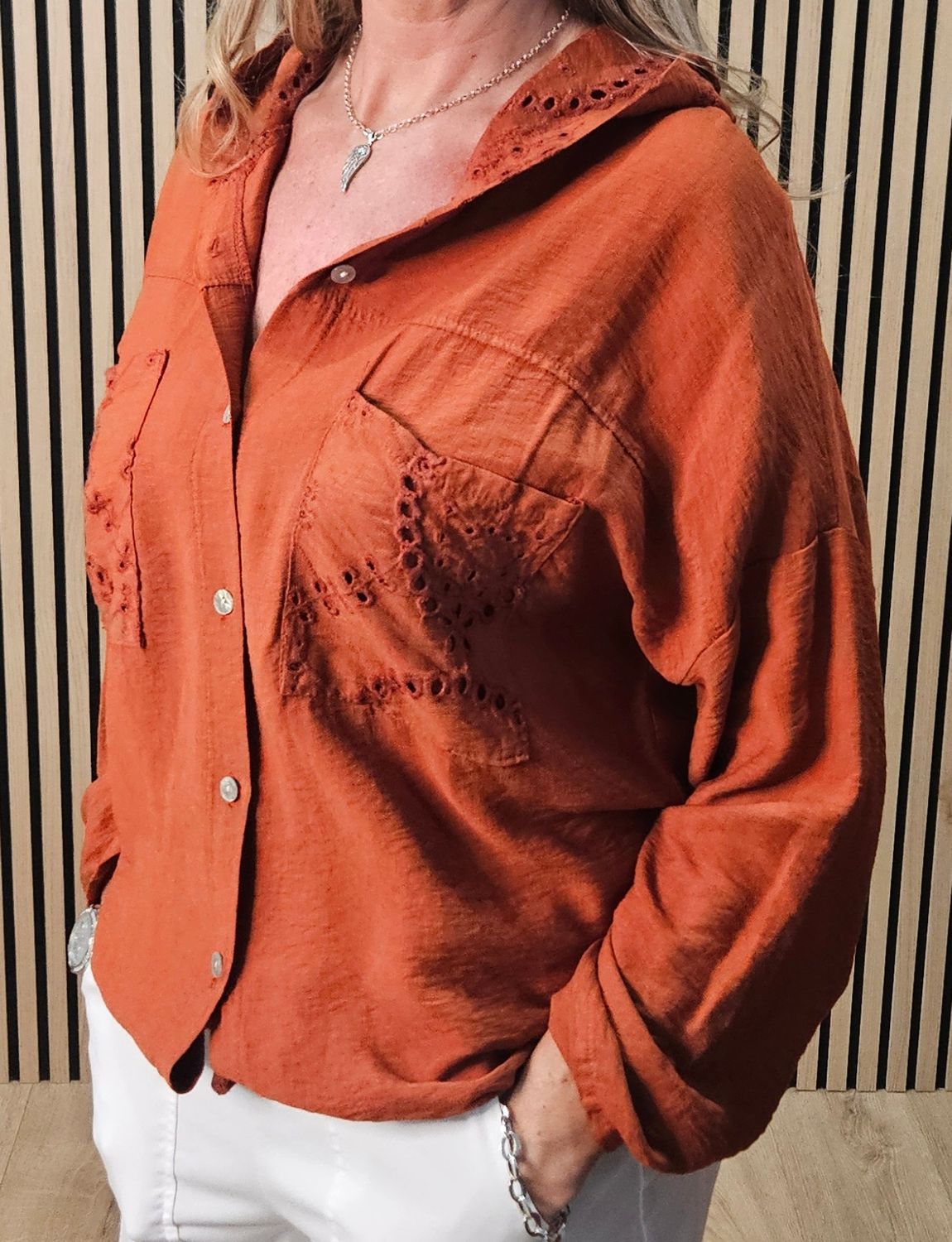 Broderie Hooded Shirt – Rust