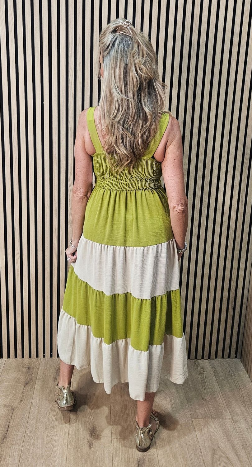 Colour Block Tiered Midi Dress – Lime/Cream 