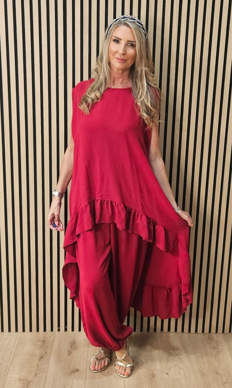 Charlie Frill Tunic &amp; Harem Trouser Co-Ord Set – Cherry
