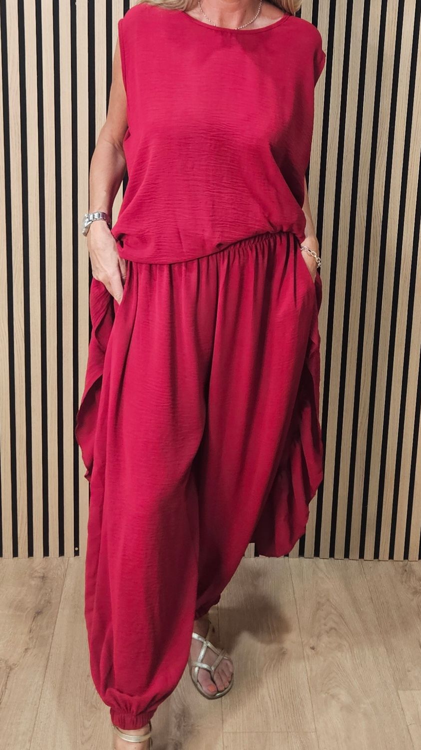 Charlie Frill Tunic &amp; Harem Trouser Co-Ord Set – Cherry
