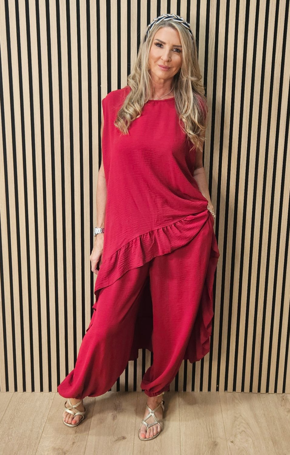 Charlie Frill Tunic &amp; Harem Trouser Co-Ord Set – Cherry