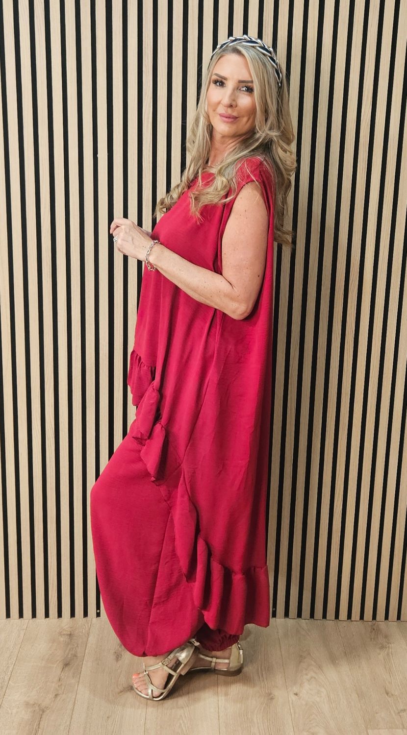 Charlie Frill Tunic &amp; Harem Trouser Co-Ord Set – Cherry