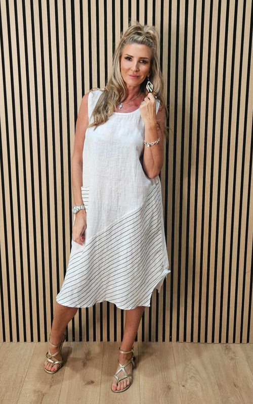 Pure Linen Stripe Panel Dress – White