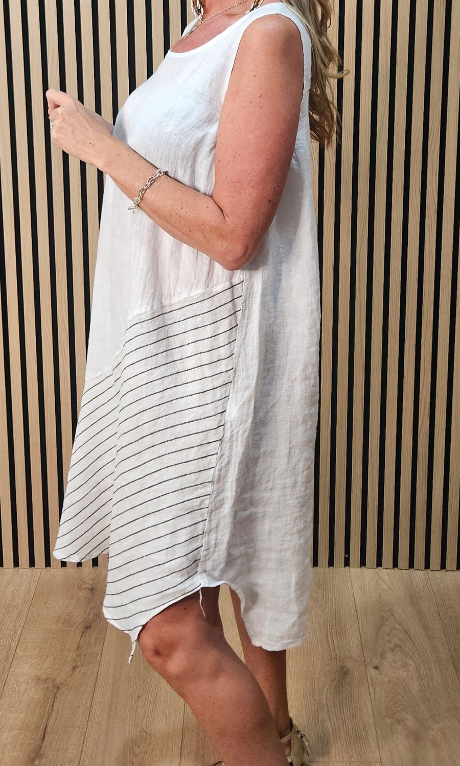 Pure Linen Stripe Panel Dress – White