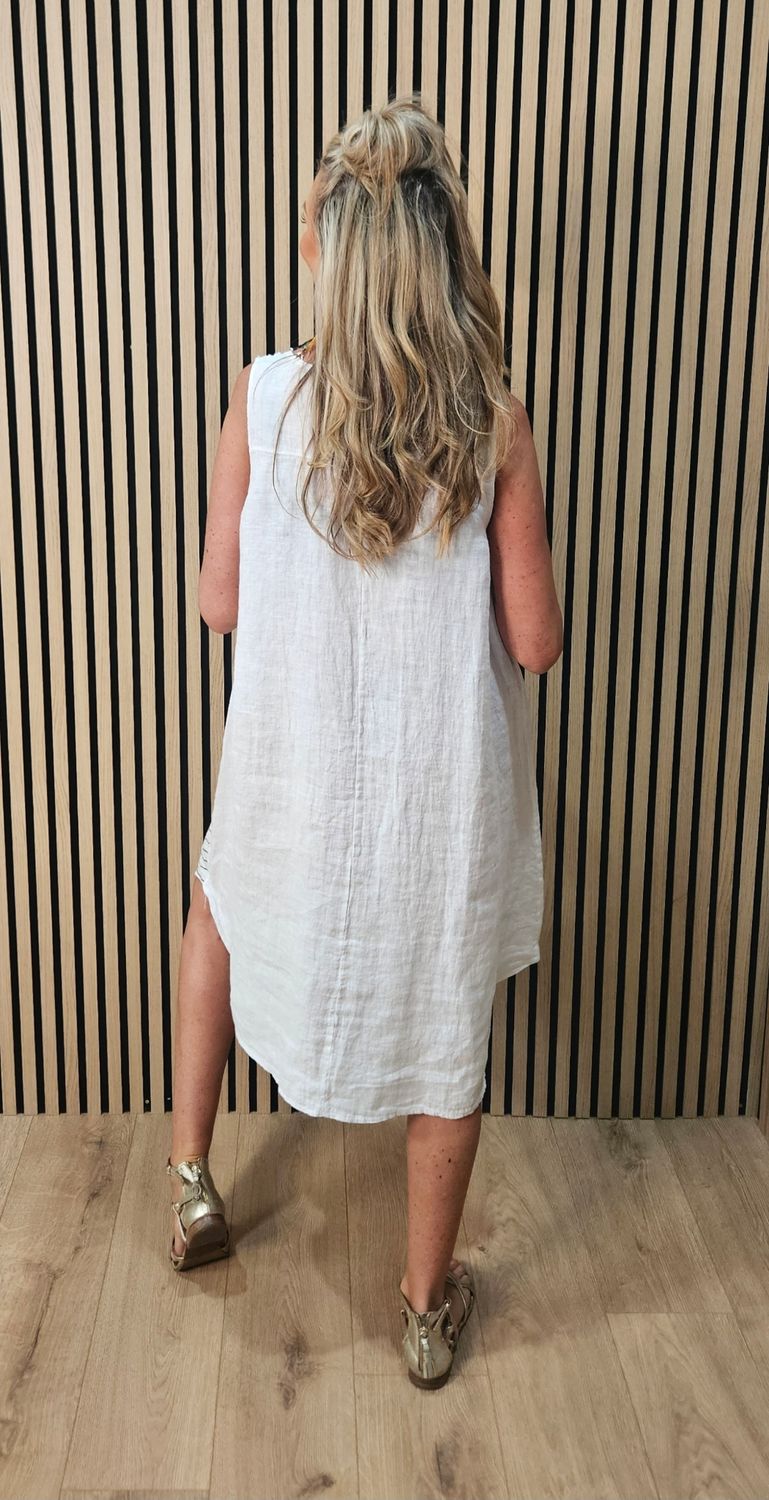 Pure Linen Stripe Panel Dress – White