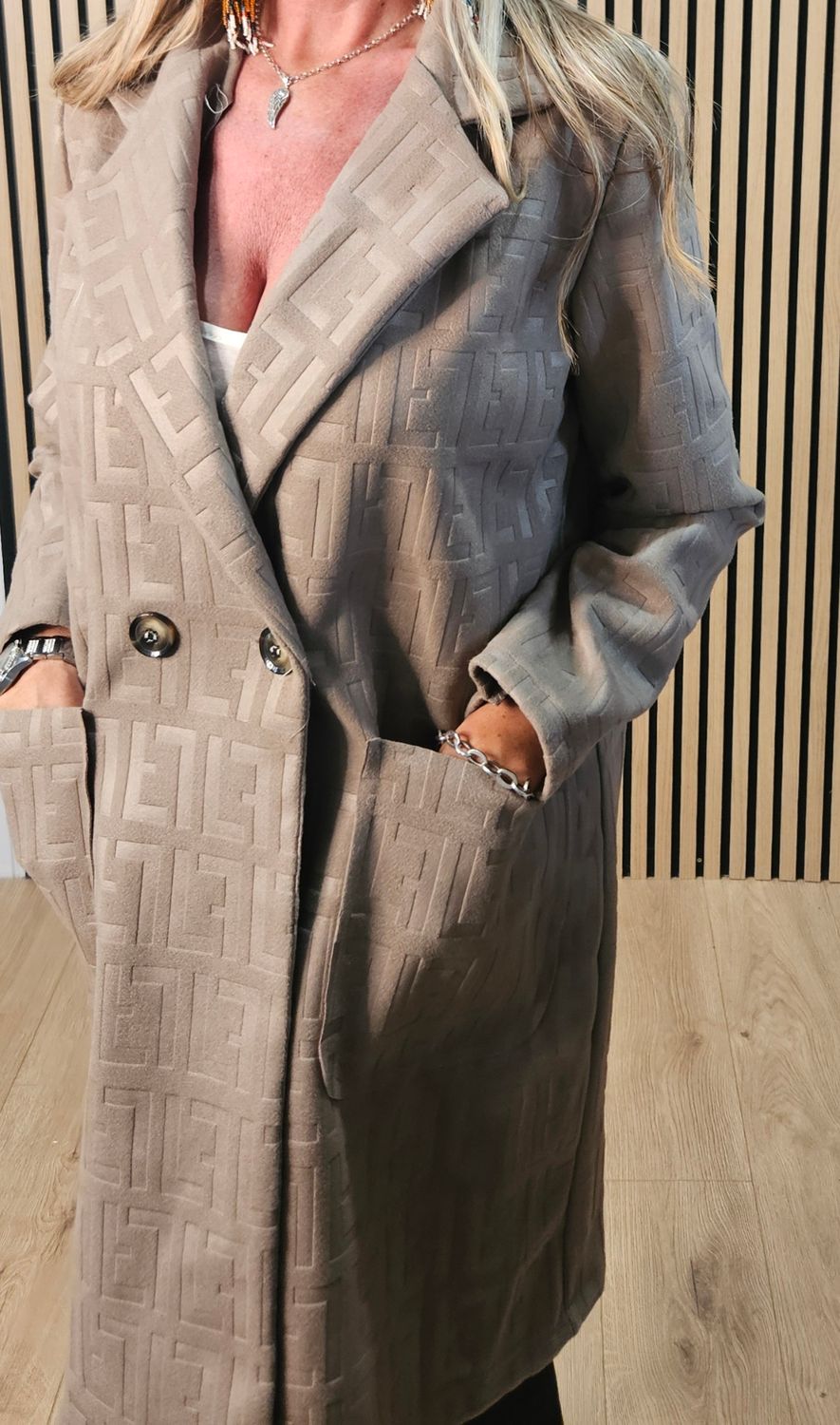 Embossed Double-Breasted Coat - Taupe