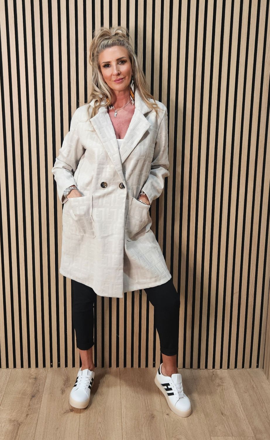 Embossed Double-Breasted Coat – Stone