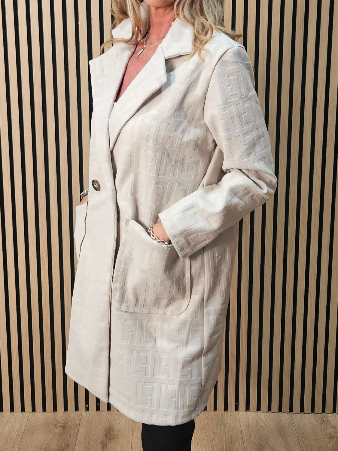 Embossed Double-Breasted Coat – Stone
